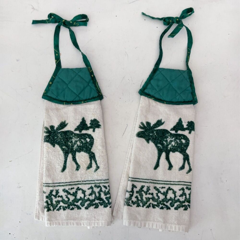 Vintage Set of 2 Tienshan Moose Country Hanging Kitchen Towels Green Cabincore